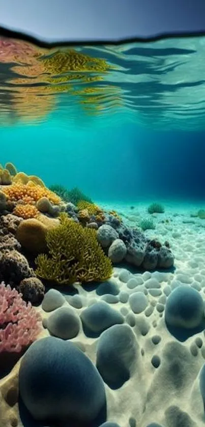 Vibrant underwater coral scene with colorful marine life and clear water.