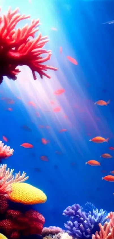 Vibrant underwater scene with coral reefs and tropical fish.