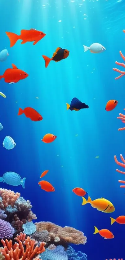 Vibrant underwater scene with coral and colorful fish in blue ocean.