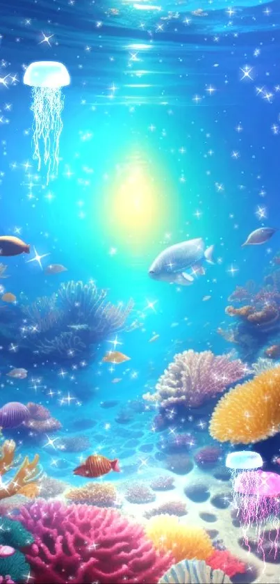 Colorful coral reef with fish and sparkles in a vibrant underwater scene.