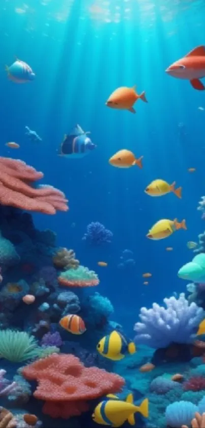 Colorful fish swim through vibrant coral in an underwater scene.