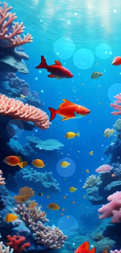 Vibrant underwater scene with corals and tropical fish.