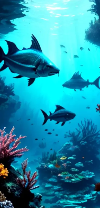 Underwater scene with corals and fish swimming in the blue ocean.