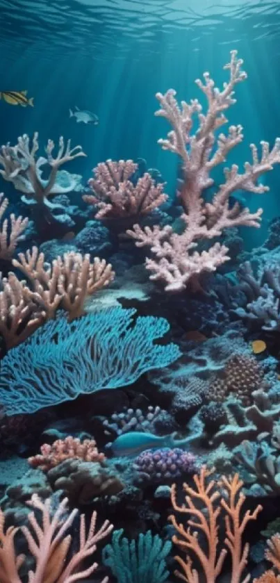 Vibrant underwater coral reef with marine life and colorful fish.