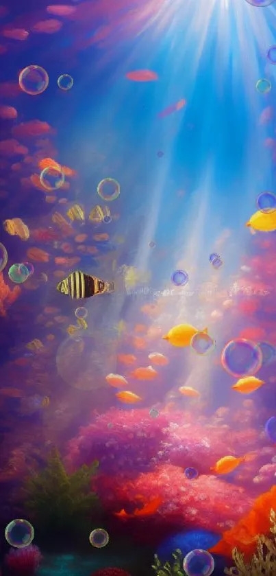 Vibrant underwater coral scene with colorful fish and sunlight rays.