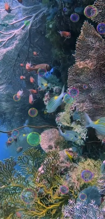 Underwater scene with corals and colorful fish in a vibrant ocean setting.