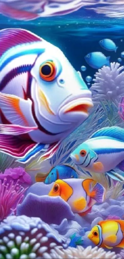 Colorful tropical fish swimming among coral reefs underwater.