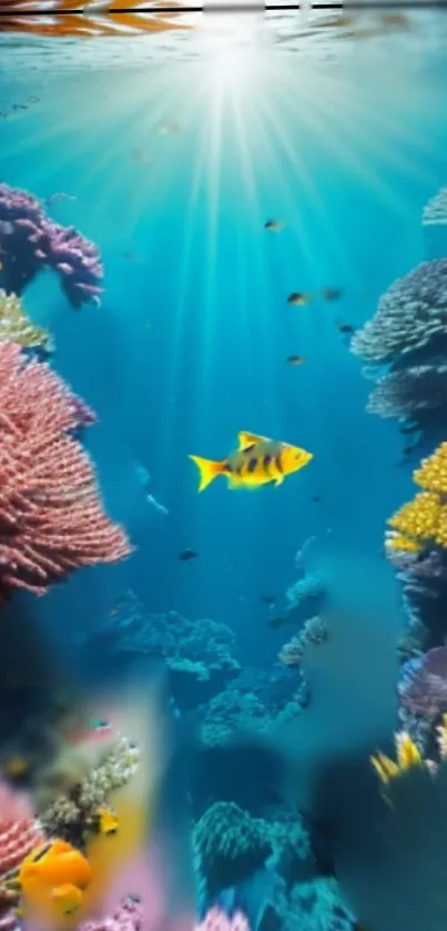 Colorful coral reef with fish in vibrant underwater scene.