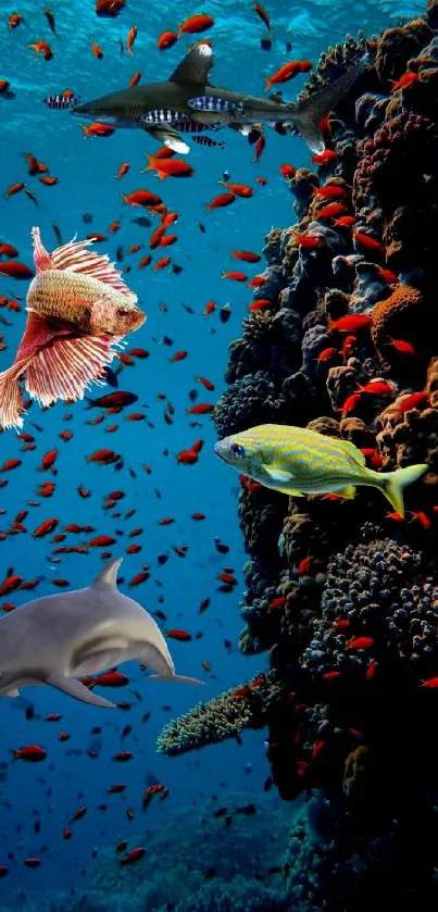 Colorful underwater coral reef with diverse marine life.