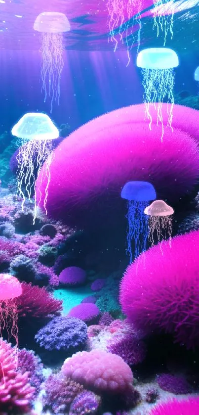 Vibrant pink coral reef under oceanic sunlight rays.