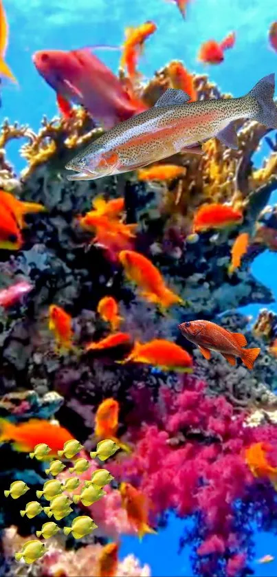 Vibrant underwater coral reef with colorful fish and bright blue ocean.