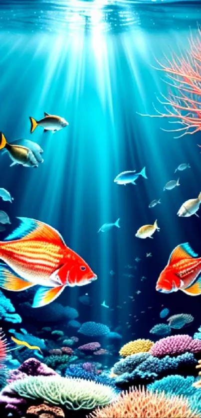 Vibrant underwater scene with colorful coral and exotic fish.