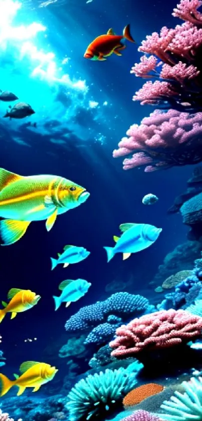 Colorful underwater coral reef with vibrant fish and corals.