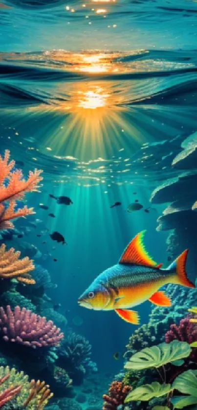 Vibrant coral reef with colorful fish under sunlit water.