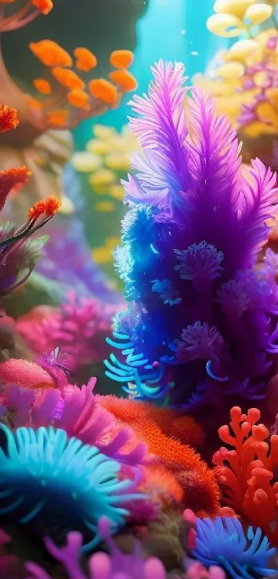 Colorful underwater coral reef scene with vibrant hues.