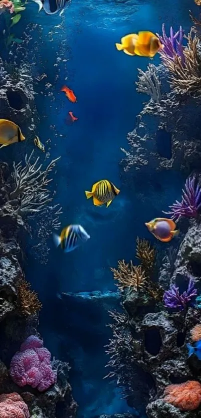 Colorful tropical fish swim among corals in a vibrant underwater scene.