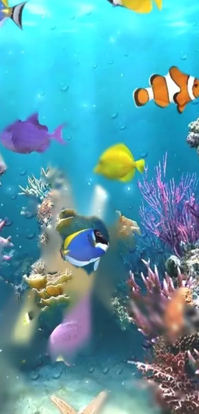 Underwater scene with coral reef and colorful fish.