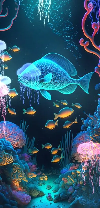 Colorful underwater scene with neon fish and vibrant corals.