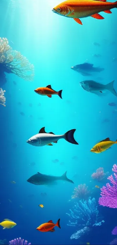 Colorful fish swimming in a vibrant coral reef underwater scene.