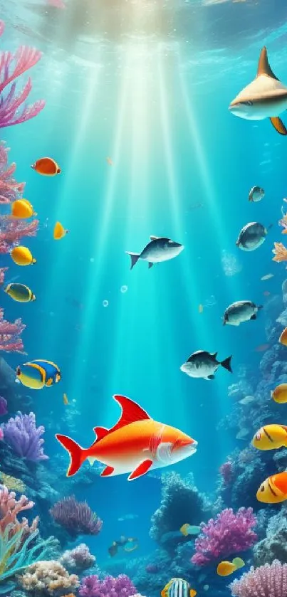 Vibrant underwater scene with corals and tropical fish.