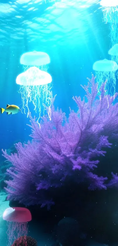 Colorful underwater scene with purple coral and tropical fish.