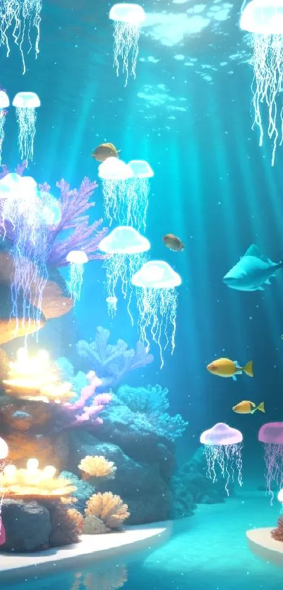 Underwater coral scene with colorful fish and sunlit blue waters.