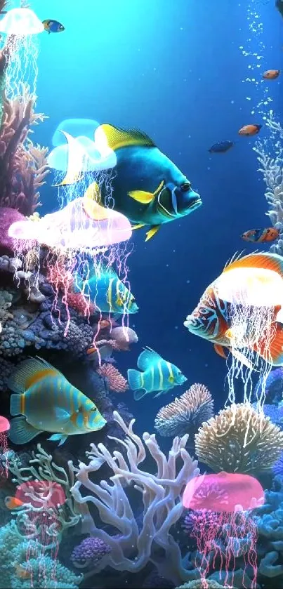 Vibrant underwater coral scene with colorful fish.