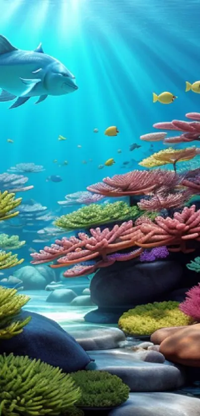 Vibrant underwater wallpaper with corals and fish.