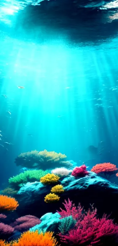 Underwater scene with colorful corals and sunlit water, perfect for phone wallpaper.