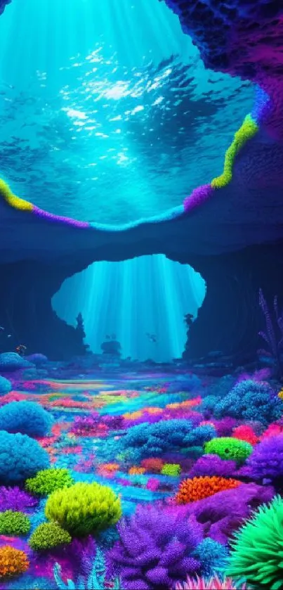 Vibrant underwater coral reef scene with colorful marine life and ocean cave.