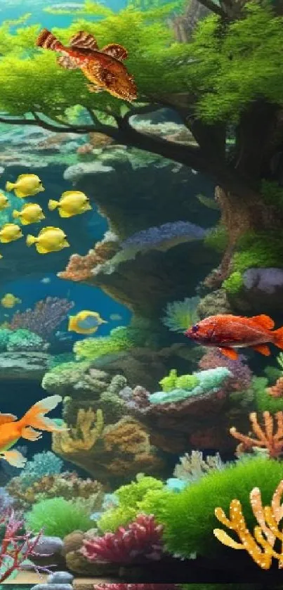 Colorful aquatic scene with coral and fish in a vibrant underwater setting.