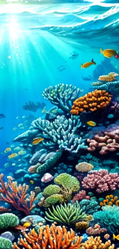 Vibrant underwater coral reef with diverse marine life and ocean light.