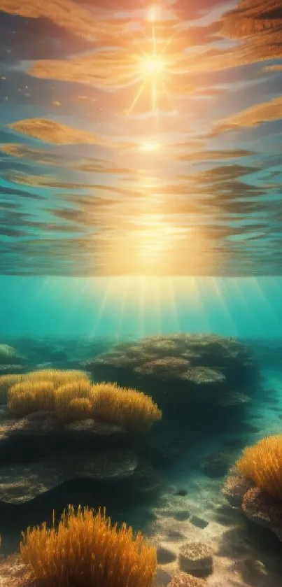 Vibrant underwater coral scene with sunlight and colorful marine life.