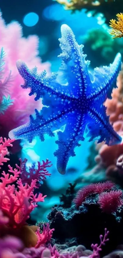 Vibrant blue starfish amidst colorful corals in an underwater scene.