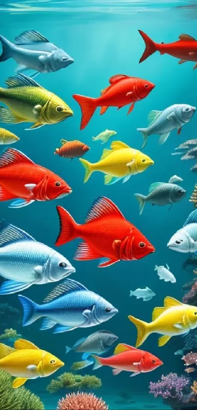 Colorful fishes swim in a vibrant coral reef with turquoise waters.