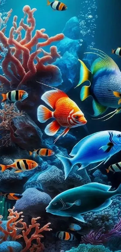 Vibrant underwater coral reef with colorful fish.