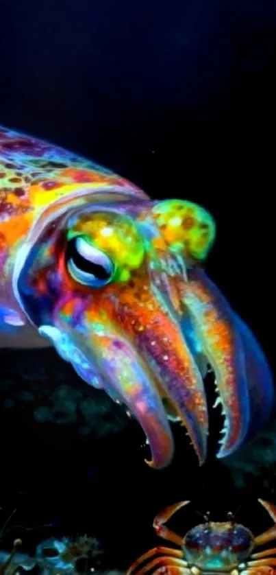 Vibrant cuttlefish with colorful patterns underwater.