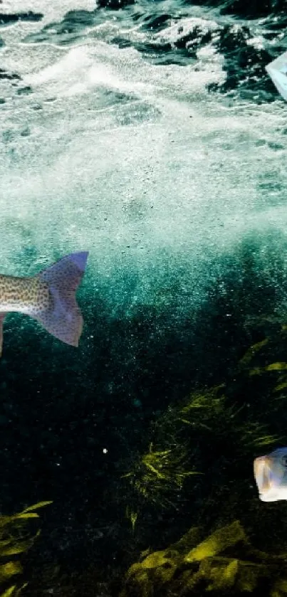 Underwater scene with fish and diamond, aquamarine dominates.