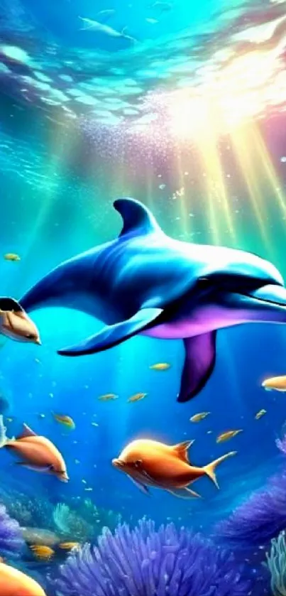Colorful underwater scene with dolphins and fish.