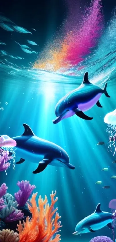 Three dolphins swimming in vibrant coral-filled ocean illuminated by sun rays.