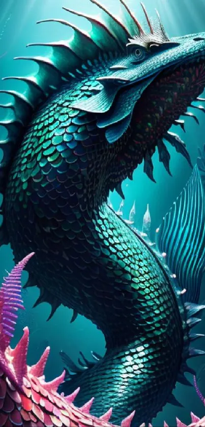 Vibrant teal dragon amidst mystical ocean plants.