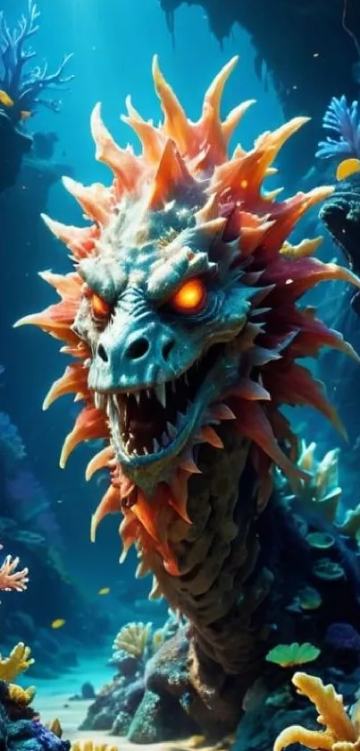 Underwater dragon with glowing eyes surrounded by coral.