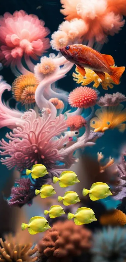 Colorful underwater scene with coral and tropical fish.