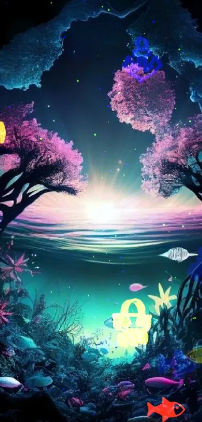 Underwater fantasy scene with colorful marine life and surreal sunrise.