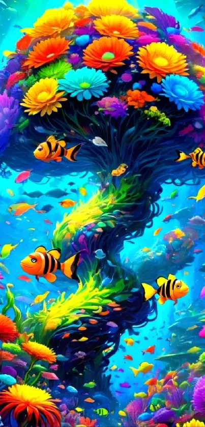 Vibrant underwater scene with colorful corals and fish.