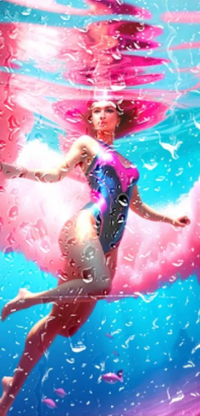 Vibrant underwater scene with a swimmer in pink and blue tones.