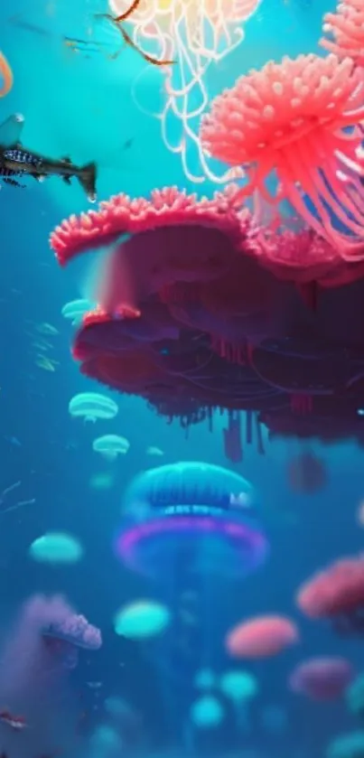 Underwater fantasy art with glowing jellyfish and vibrant colors.