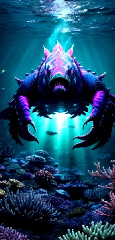 Vibrant fantasy creature in luminous underwater scene.