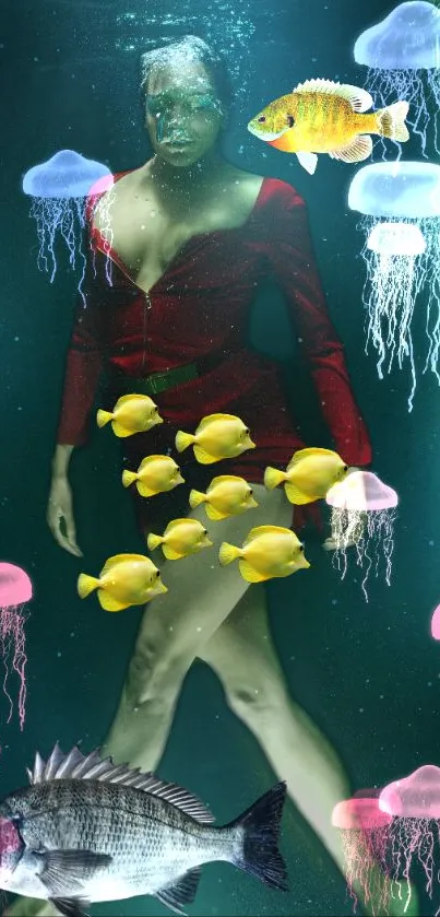 Underwater scene with a person, fish, and jellyfish in a dynamic fantasy setting.