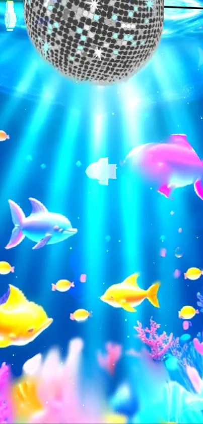 Vibrant underwater scene with colorful fish and a disco ball.